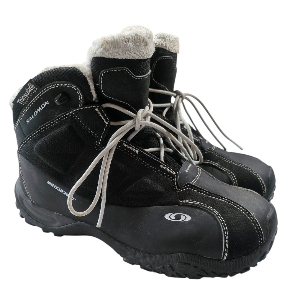 Salomon Waterproof Thinsulate Winter Snow Boots Black Faux Fur Lined Womens 9.5